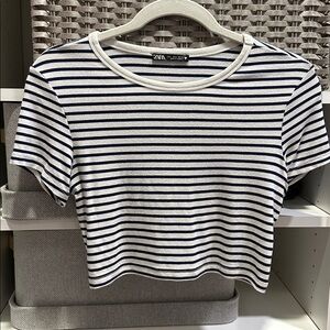 Zara Navy and White Striped Crop Top